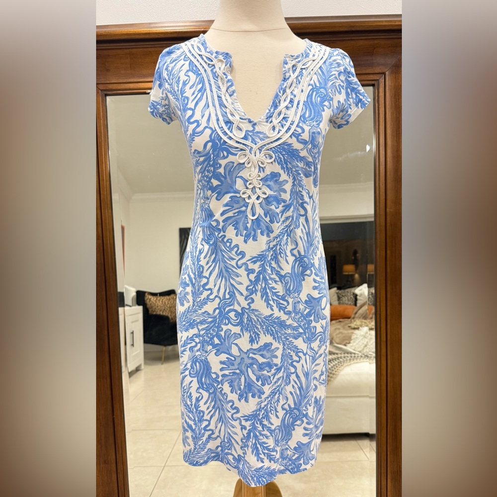 Lilly Pulitzer KAIA TUNIC Resort White Aqua Mermaid Lounge Tee Top Blue Size XS
